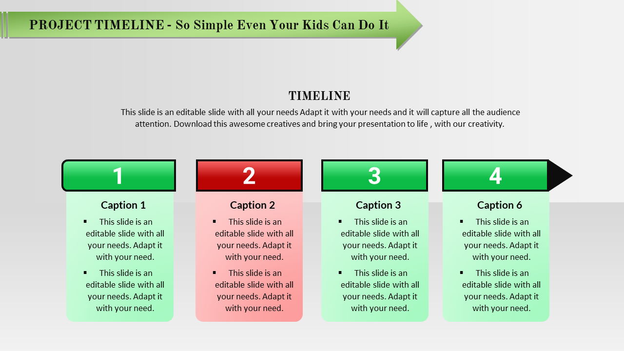 Project timeline slide with four numbered blocks in green and red, each containing captions areas.