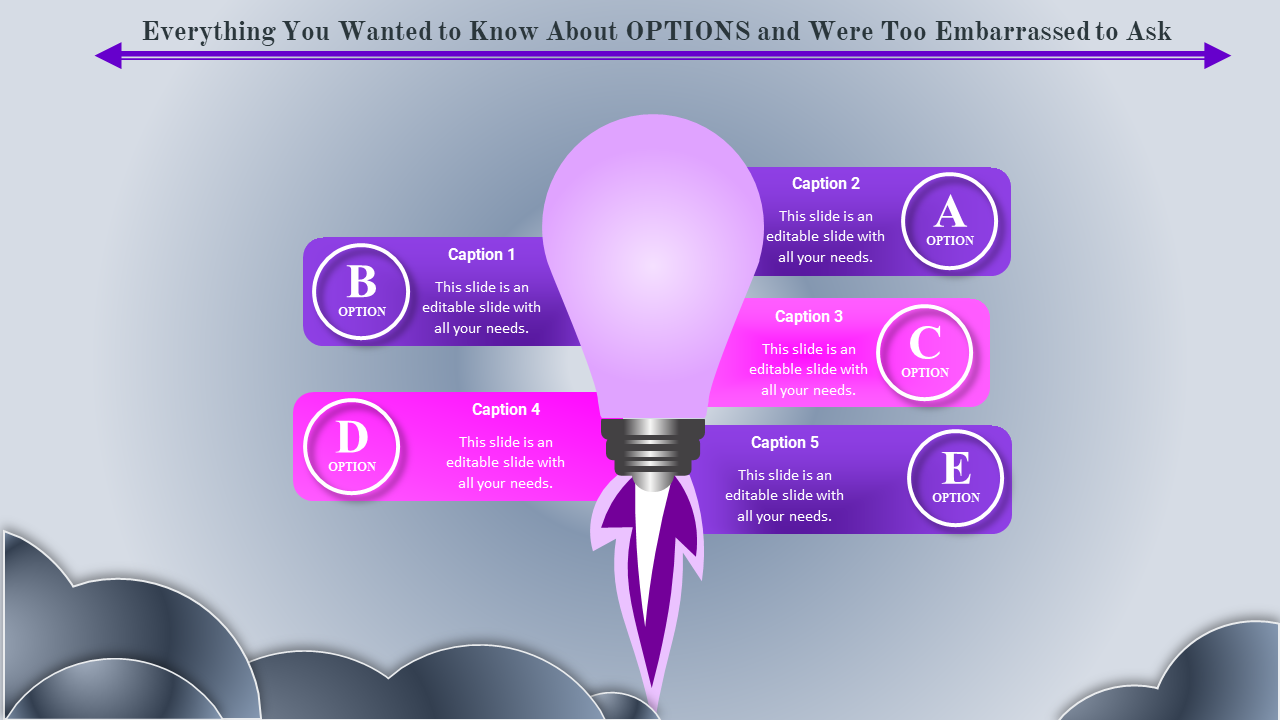 Light bulb design with five purple and pink options arranged around it, set on a gradient background with curved shapes.