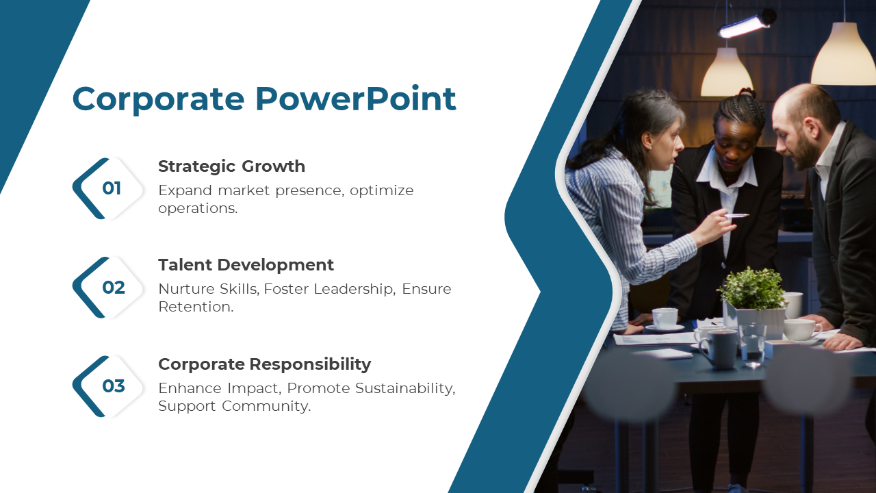 Corporate slide highlighting three goals from strategic growth to corporate responsibility with a team discussion image.