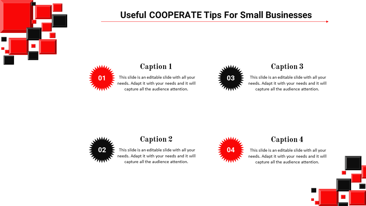 Business tips slide featuring a red and black square mosaic design, with four numbered captions arranged in a grid layout.