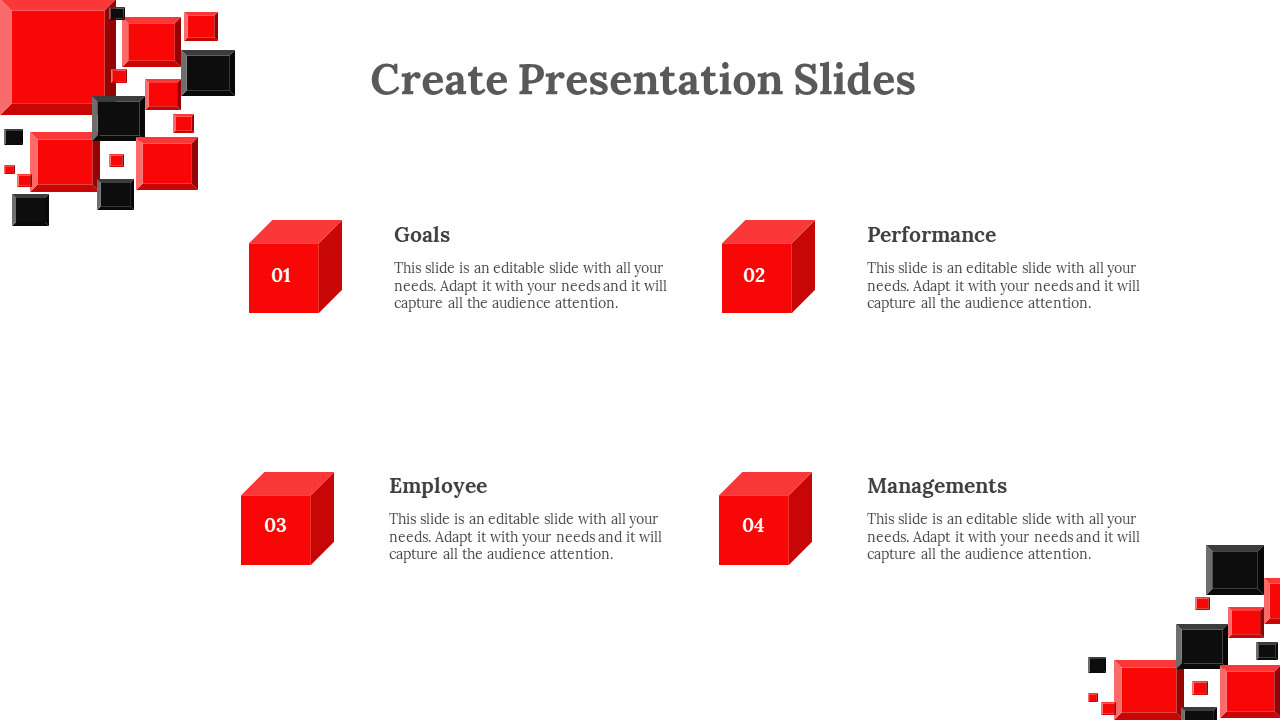 Slide with four numbered red cubes on white background highlighting topics like goals and management.