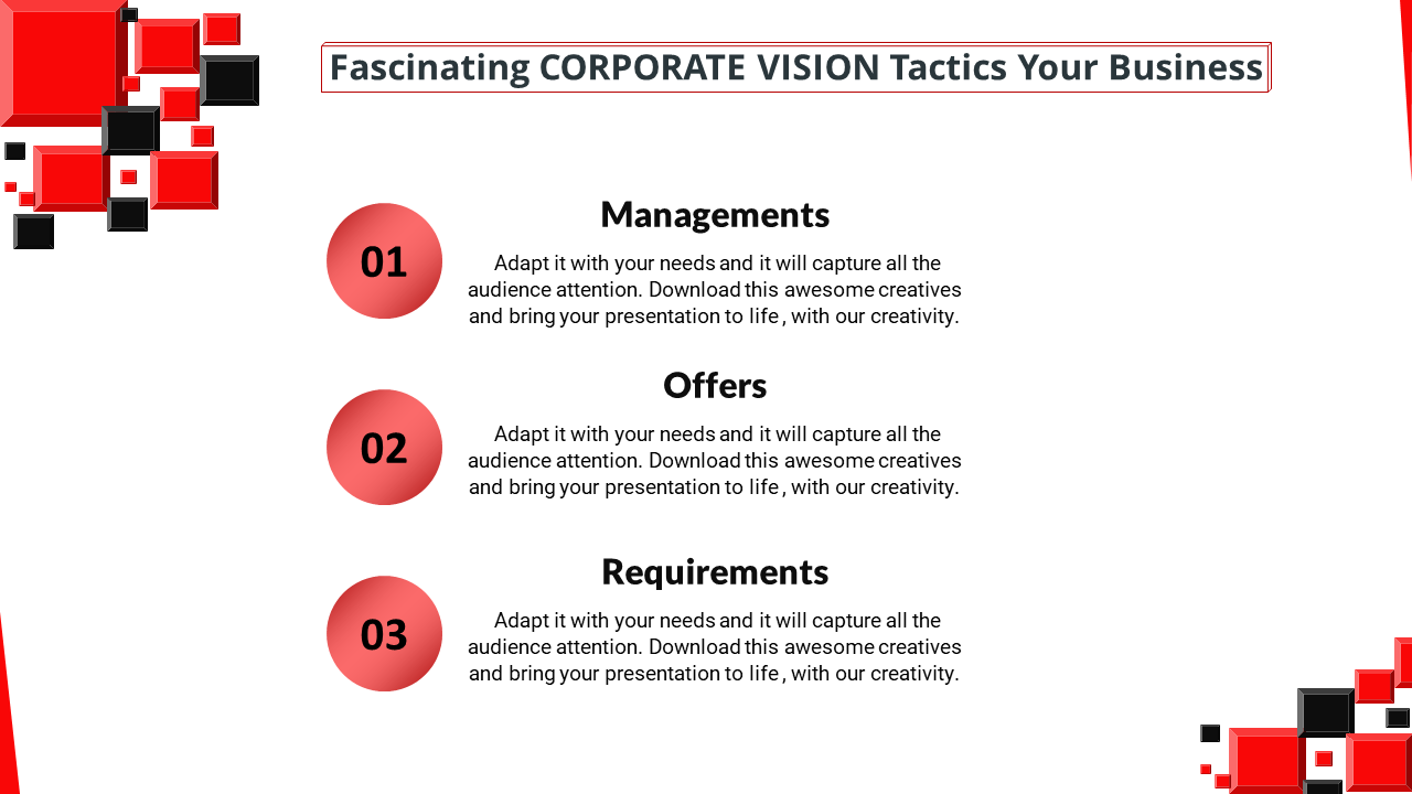 Corporate vision tactics with three red circular icons, descriptive text blocks, and a red and black square pattern.