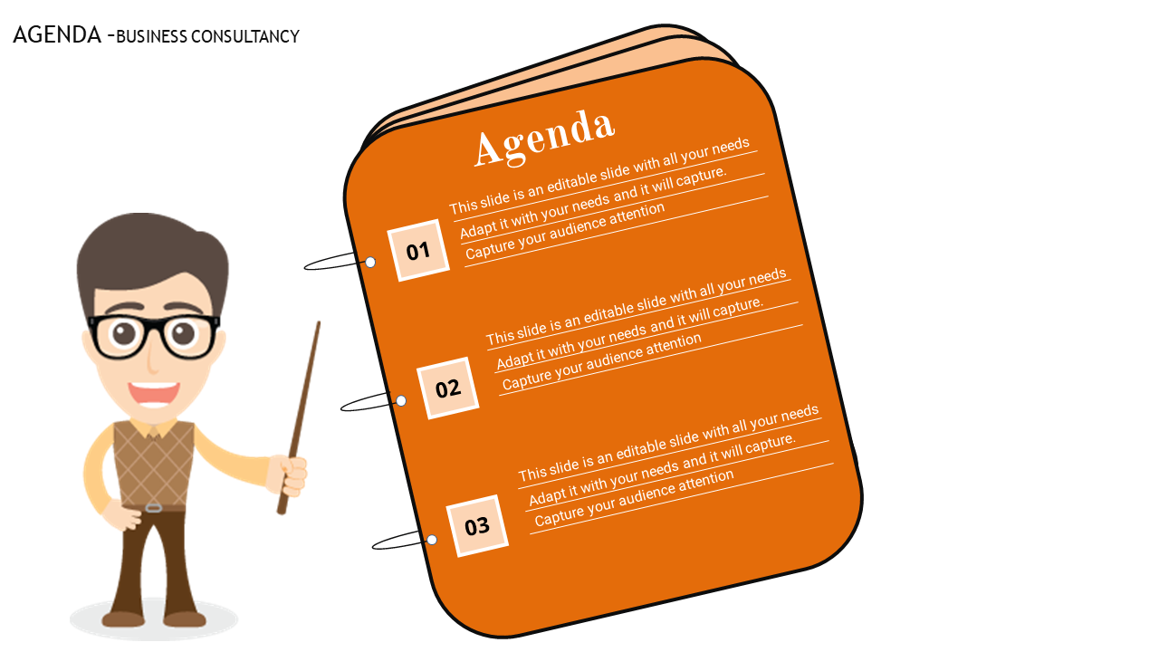 Cartoon character holding a pointer next to an orange agenda booklet, listing three numbered sections with caption areas.