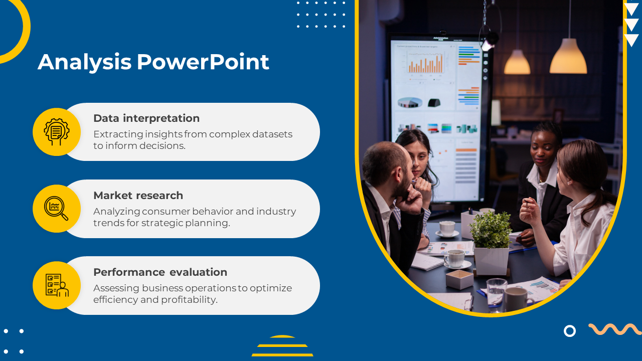 Data analysis featuring icons for data interpretation, market research, and performance evaluation.