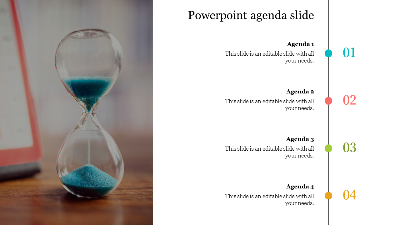 Slide with an hourglass on the left and a vertical agenda list with four numbered items in blue, red, green, and yellow.