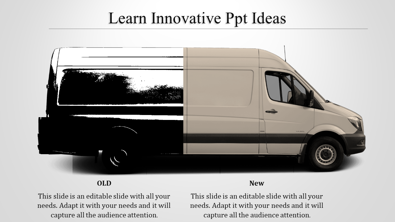 Illustration of a van divided into two halves, showcasing an old monochrome design and a new realistic style on the right.