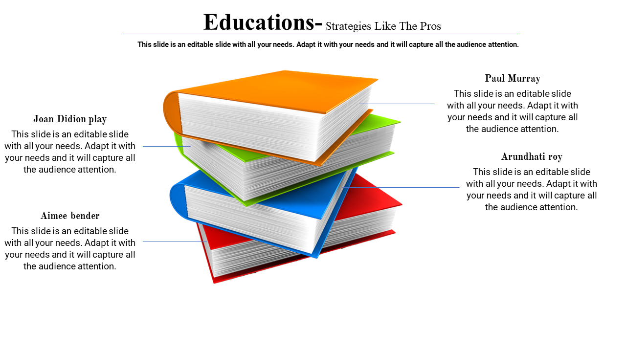 Educational PPT slide showing a stack of orange, green, blue, and red books with authors' names and placeholder text.