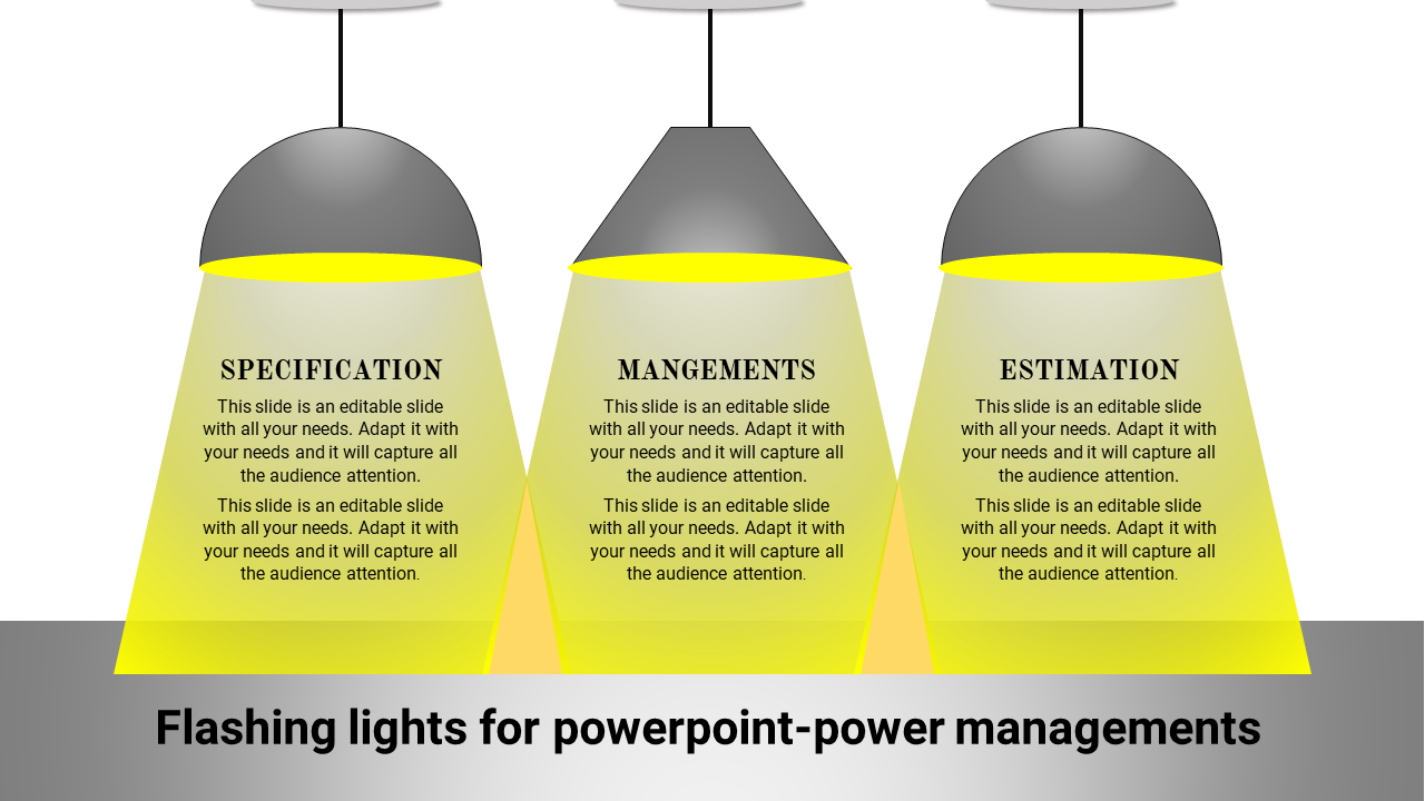 Flashing lights slide design displays three bright yellow hanging lights with text sections.