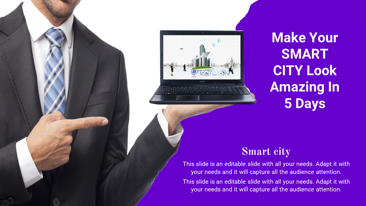 Image of a businessman presenting a smart city model on a laptop, paired with a bold purple background.