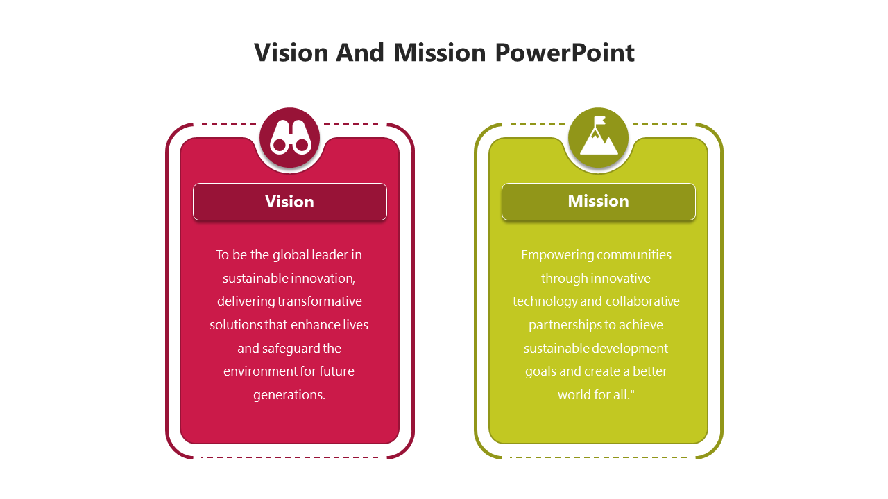 Vision and mission slide featuring red and green cards, each with icons and descriptive text.