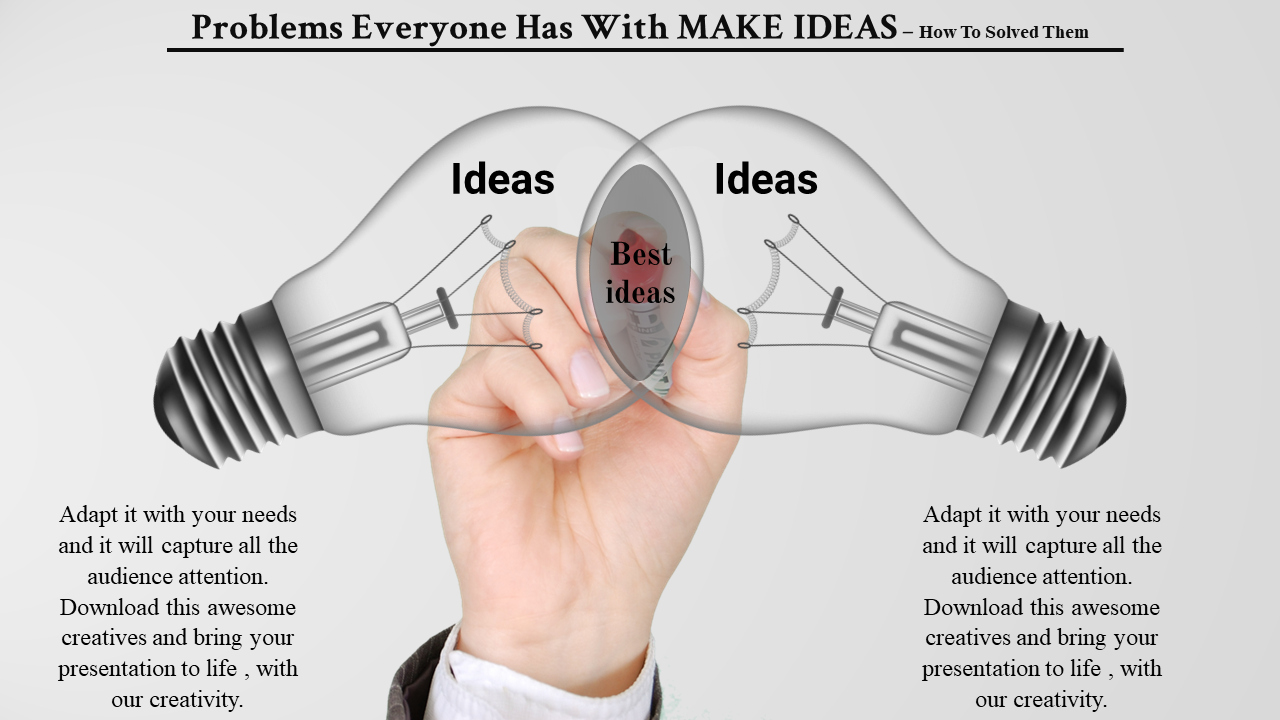 Conceptual design of overlapping light bulbs highlighting best ideas, with a hand interacting with the focus areas.