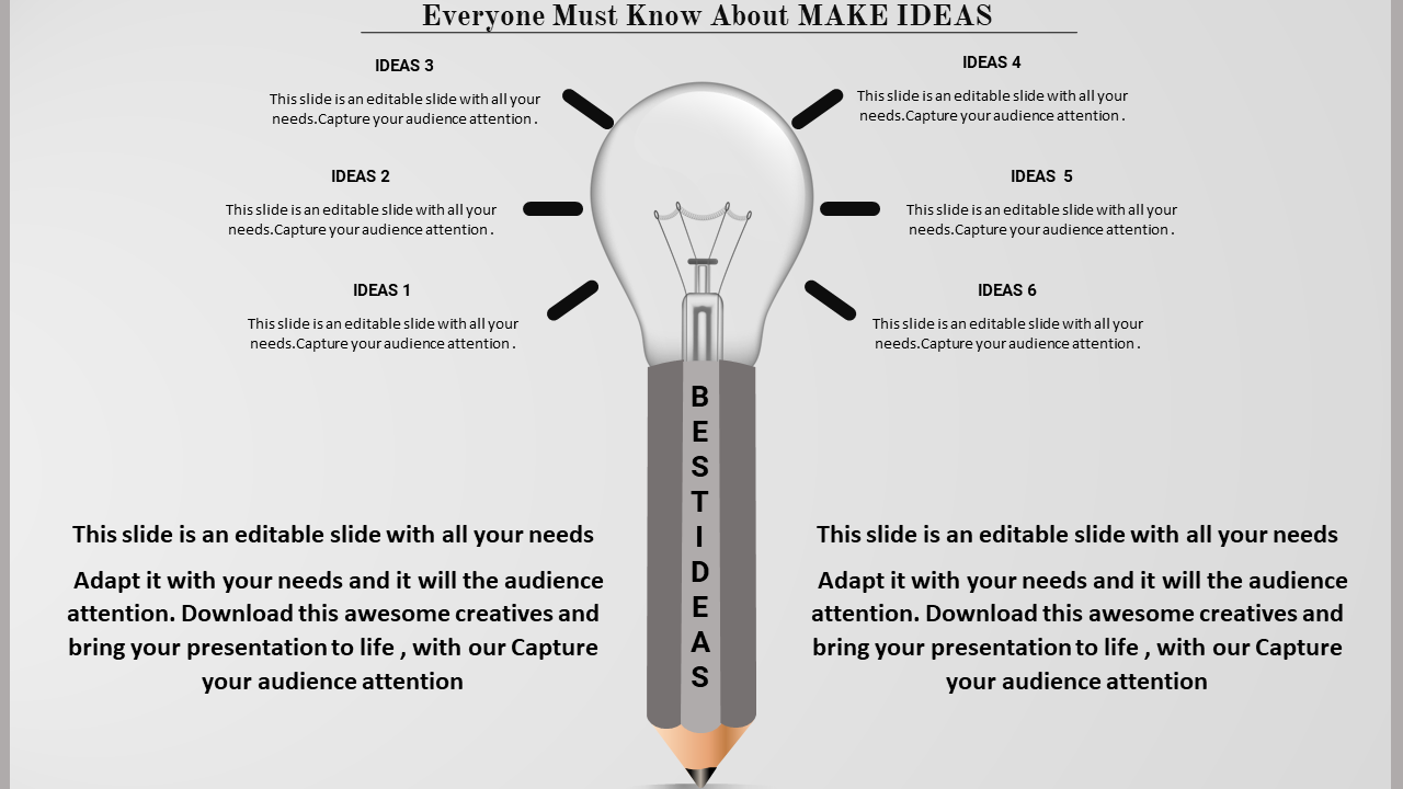 Lightbulb design on a PowerPoint template showcasing six labeled idea slots, symbolizing brainstorming and creativity.