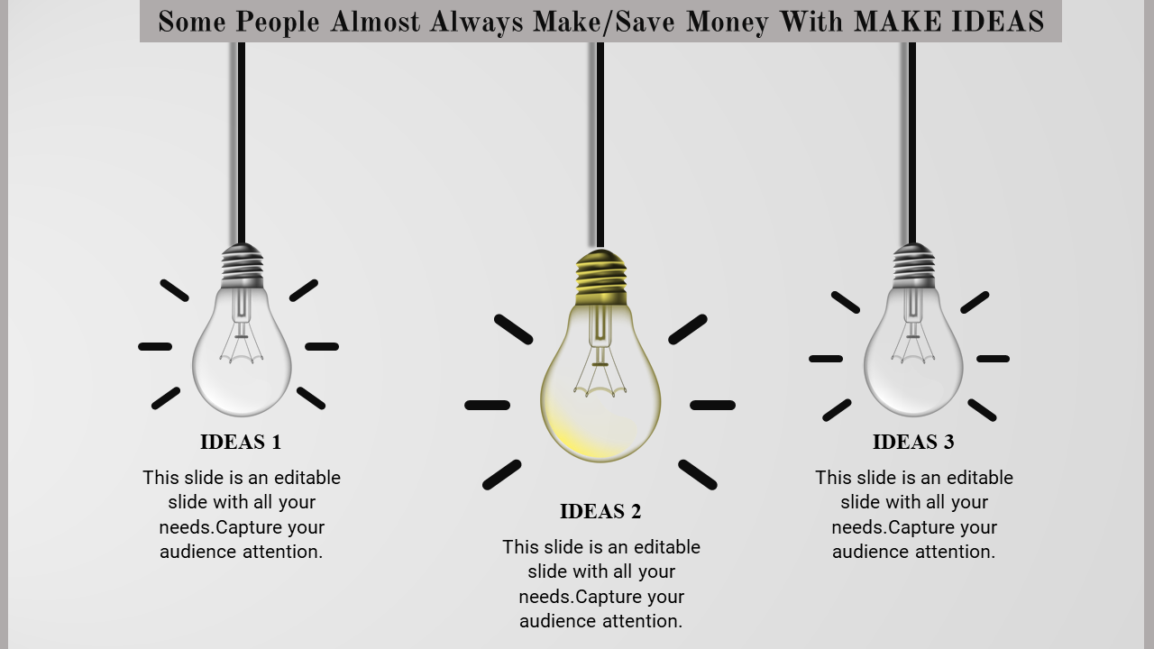 Illustration of three light bulbs representing ideas, with the middle bulb glowing to signify innovation and focus.