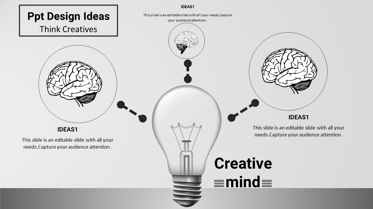 Grayscale slide with a central light bulb and connected three brain illustrations, representing creative ideas.