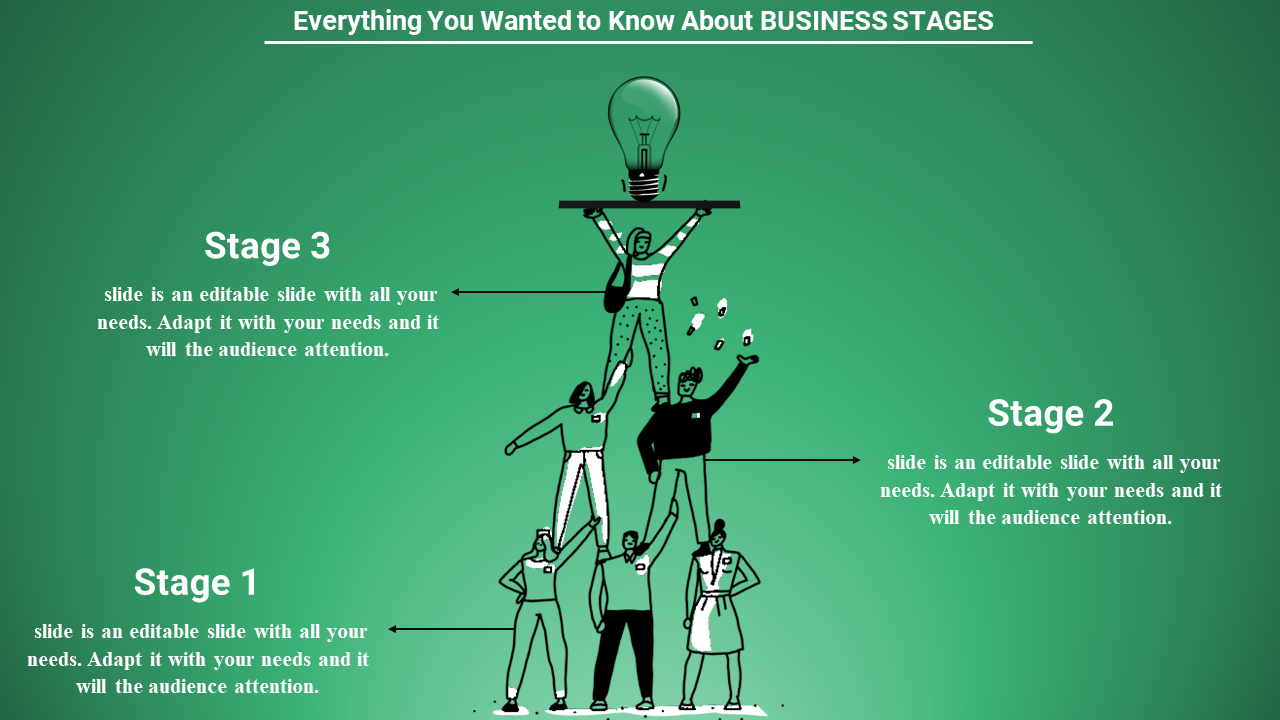 llustrative slide depicting teamwork with a pyramid of people, labeled with business stages, and a lightbulb at the apex.