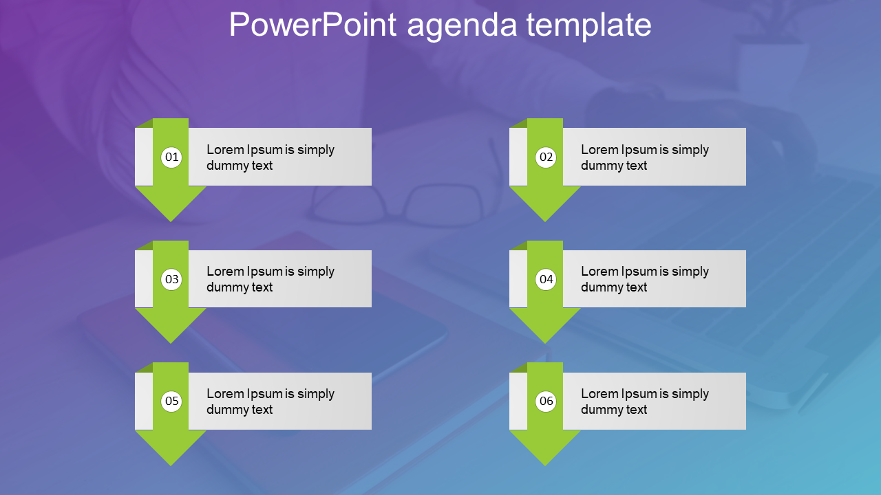 Agenda slide for PowerPoint with a clean design and arrows pointing down next to each text placeholder.