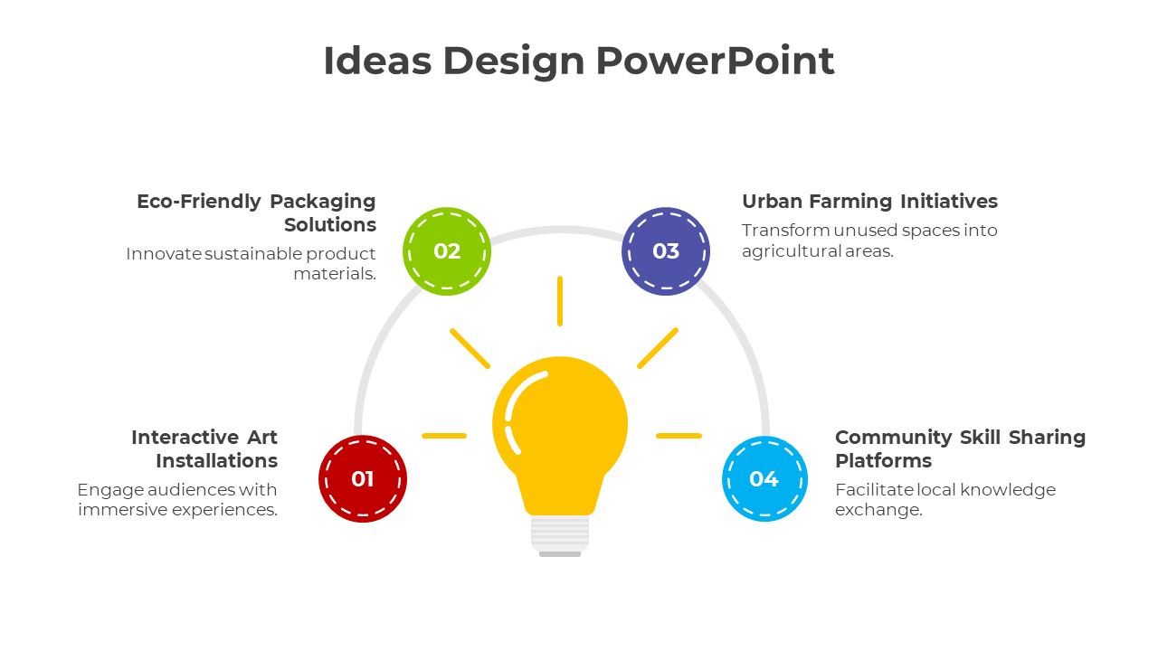 Creative concept design with a central yellow lightbulb and four connected ideas in circular color-coded nodes.