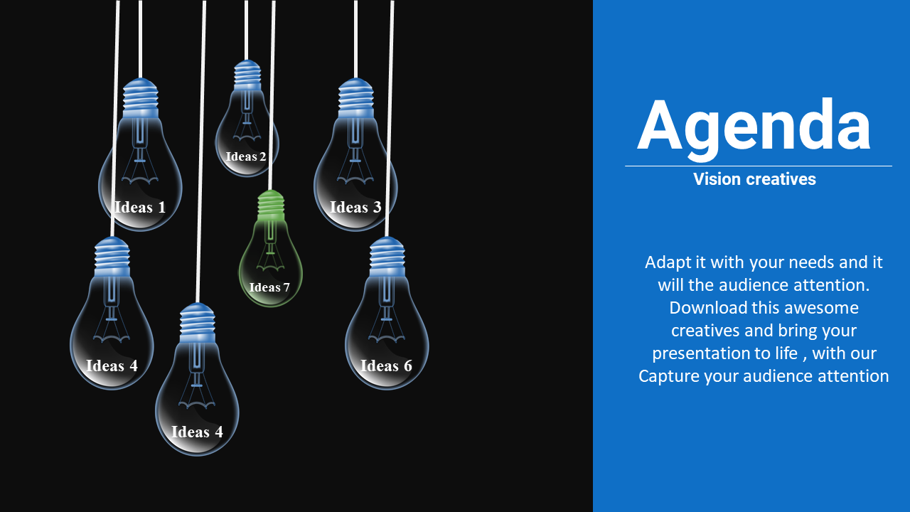 Agenda slide featuring light bulbs labeled with different ideas with placeholder text.