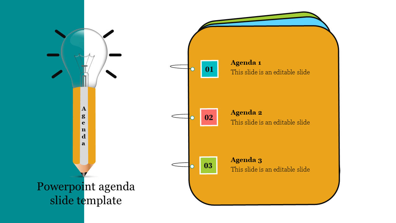 Slide featuring a teal and white background with a light bulb pencil graphic and a notepad listing three agenda items. 