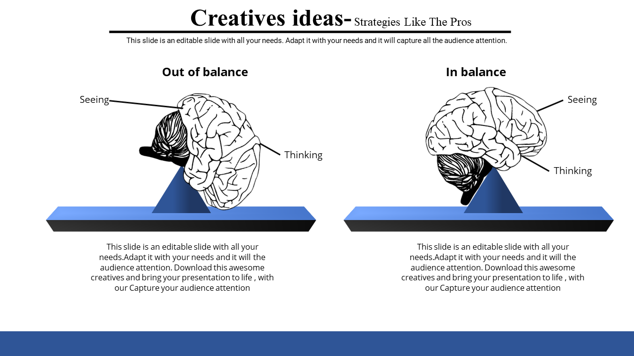 Creative ideas slide featuring two brain illustrations on blue scale base, highlighting balance between seeing and thinking.