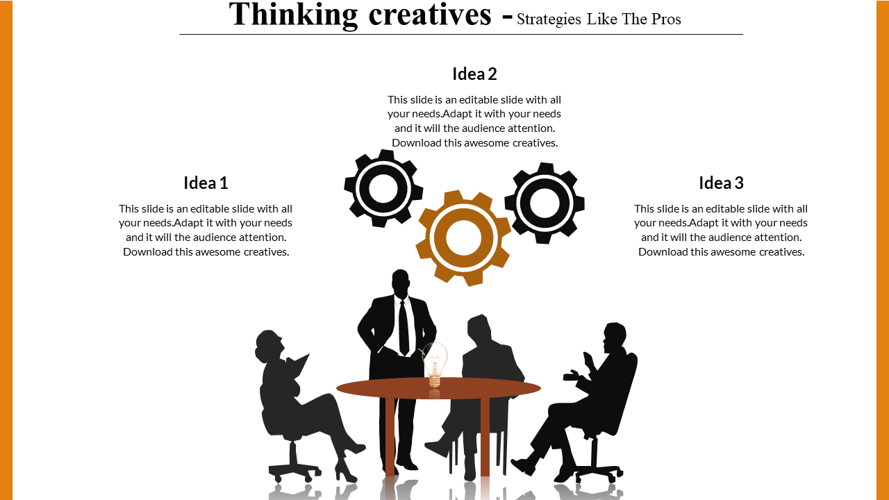 Slide with silhouettes of people at a table and three gears above, and three labeled idea sections on a white background.