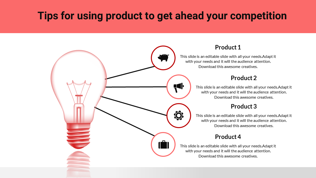 Illustration of a lightbulb with lines pointing to icons of a piggy bank, megaphone, gear, and briefcase.