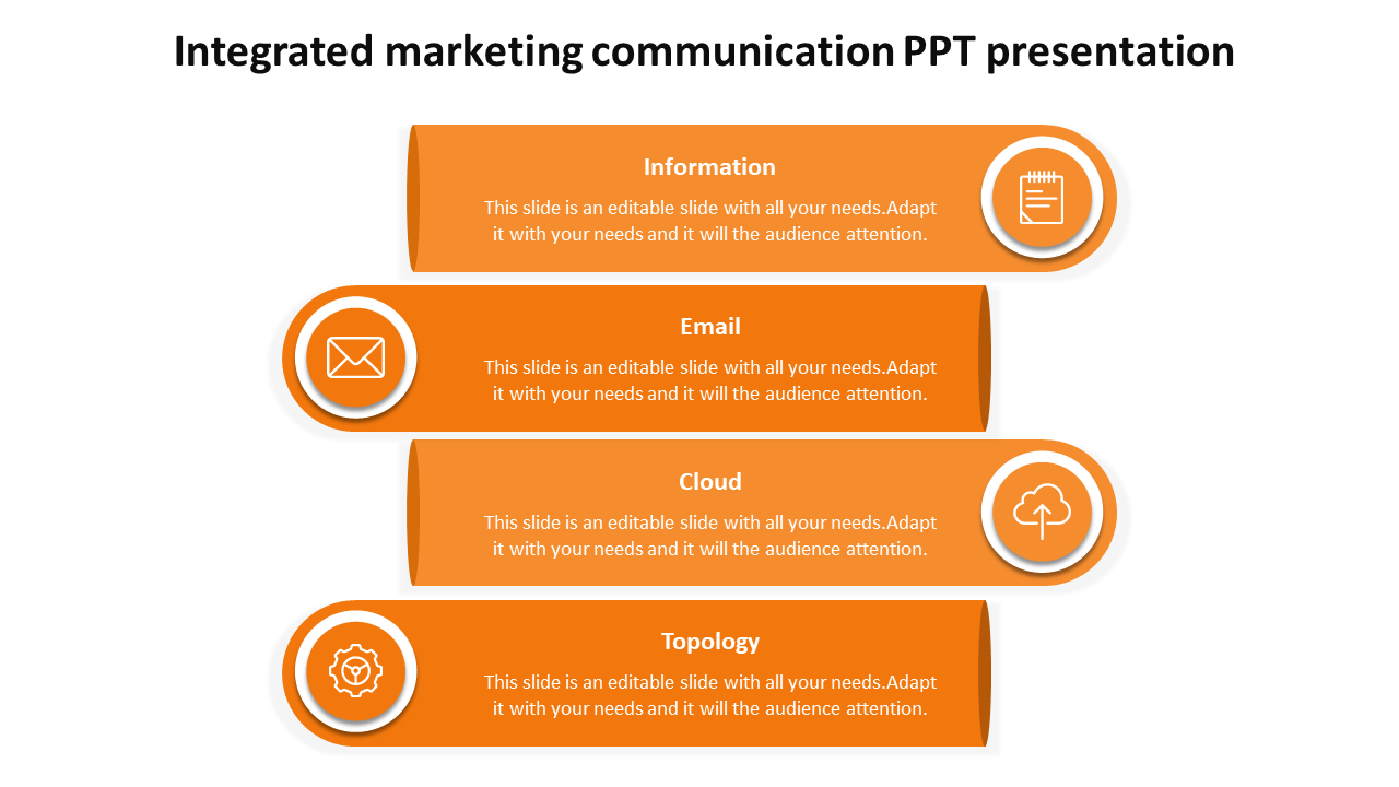 Integrated marketing communication slide featuring sections for information, email, cloud, and topology with orange icons.