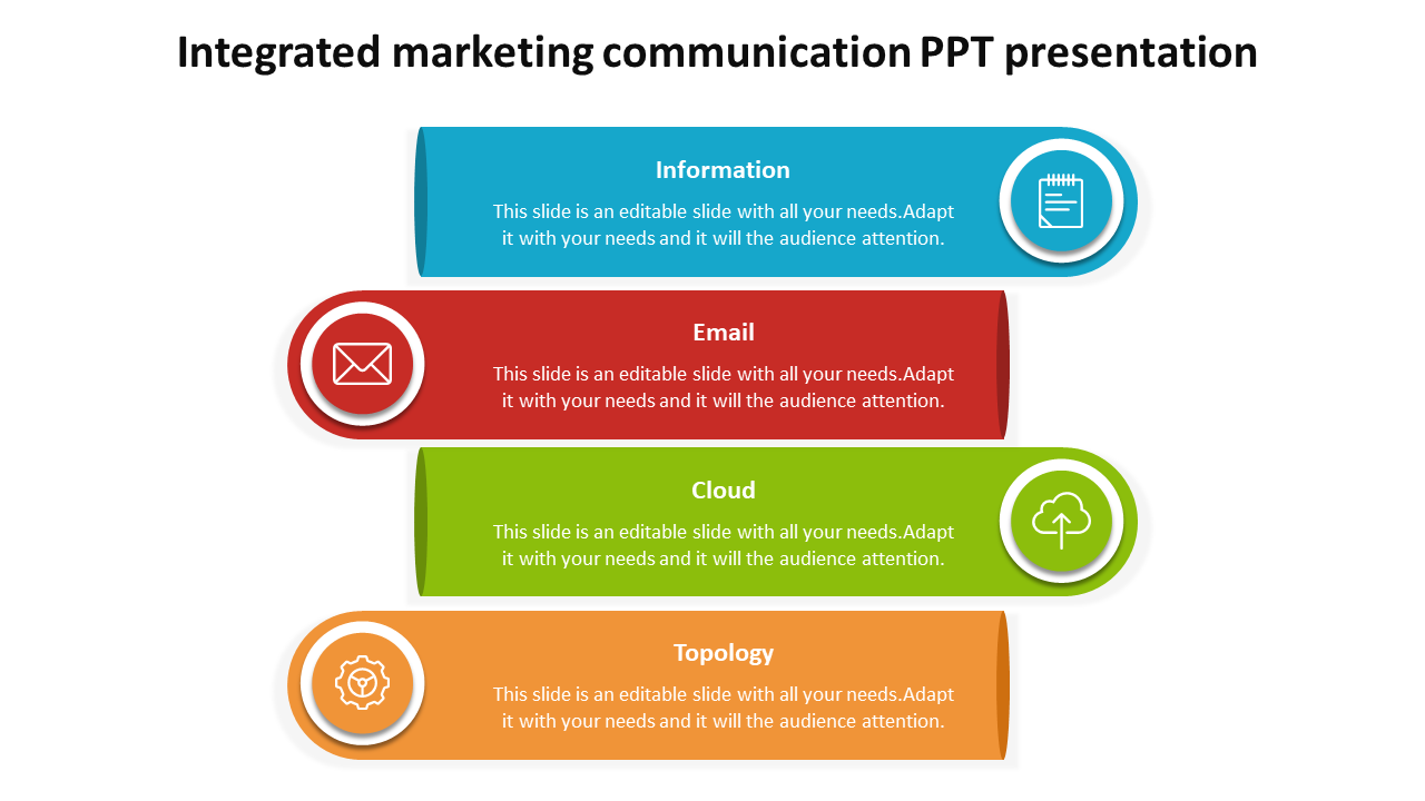 Color coded marketing communication diagram slide with sections for information, email, cloud, and topology with icons.