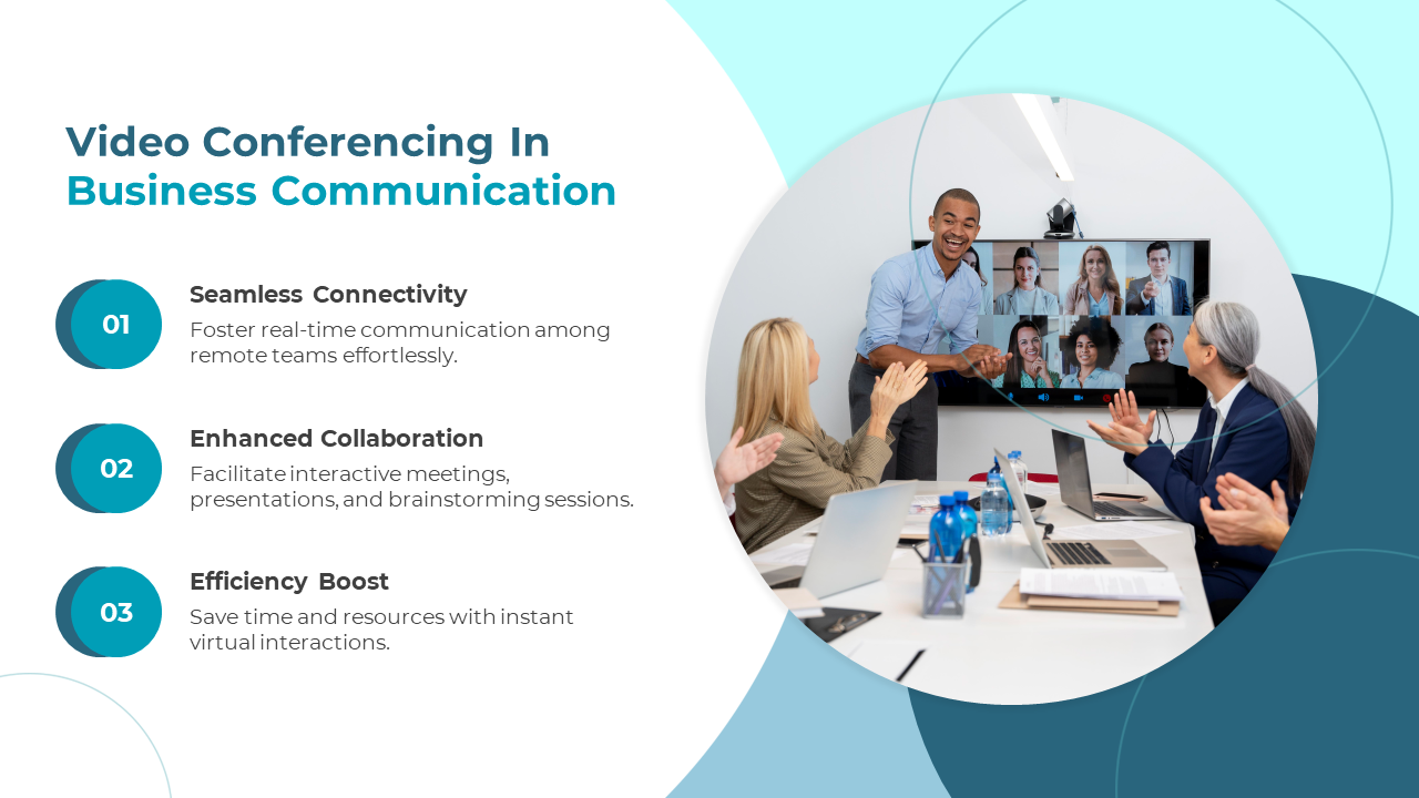 Business slide highlighting video conferencing benefits with an image of a team in a virtual meeting.