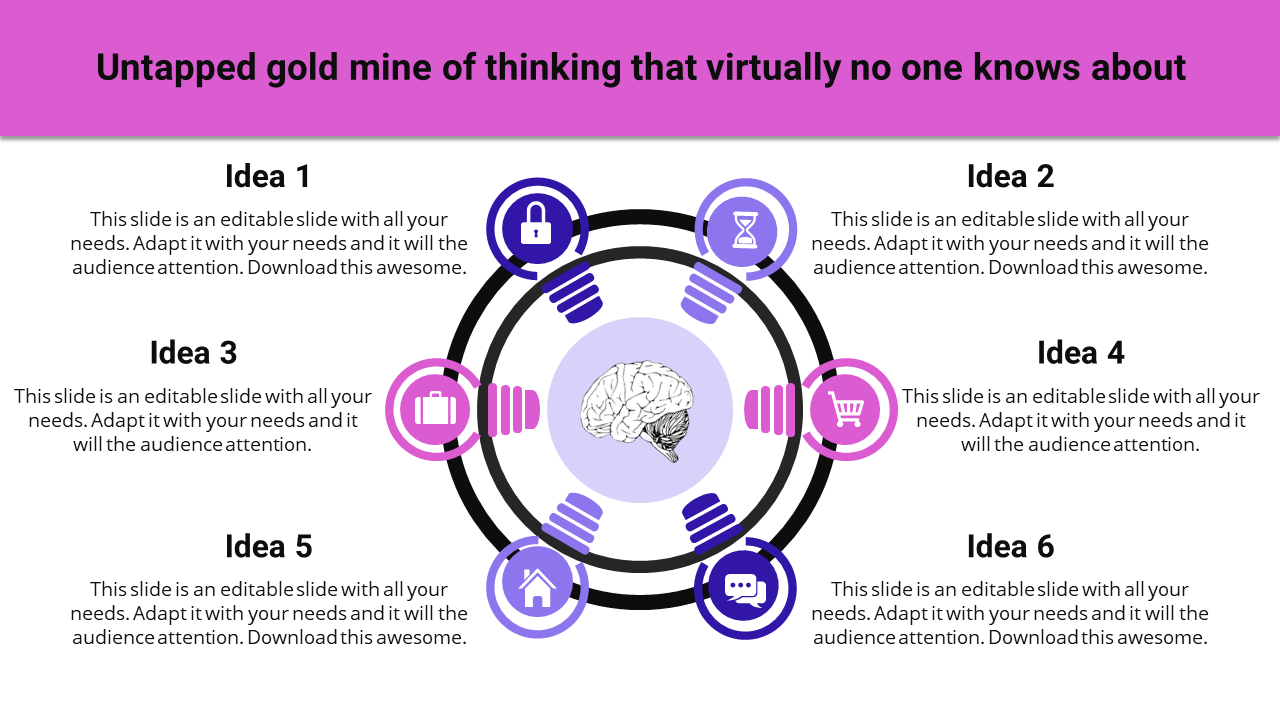 PowerPoint slide with six key ideas, each represented by a unique icon and a central brain graphic with placeholder text.