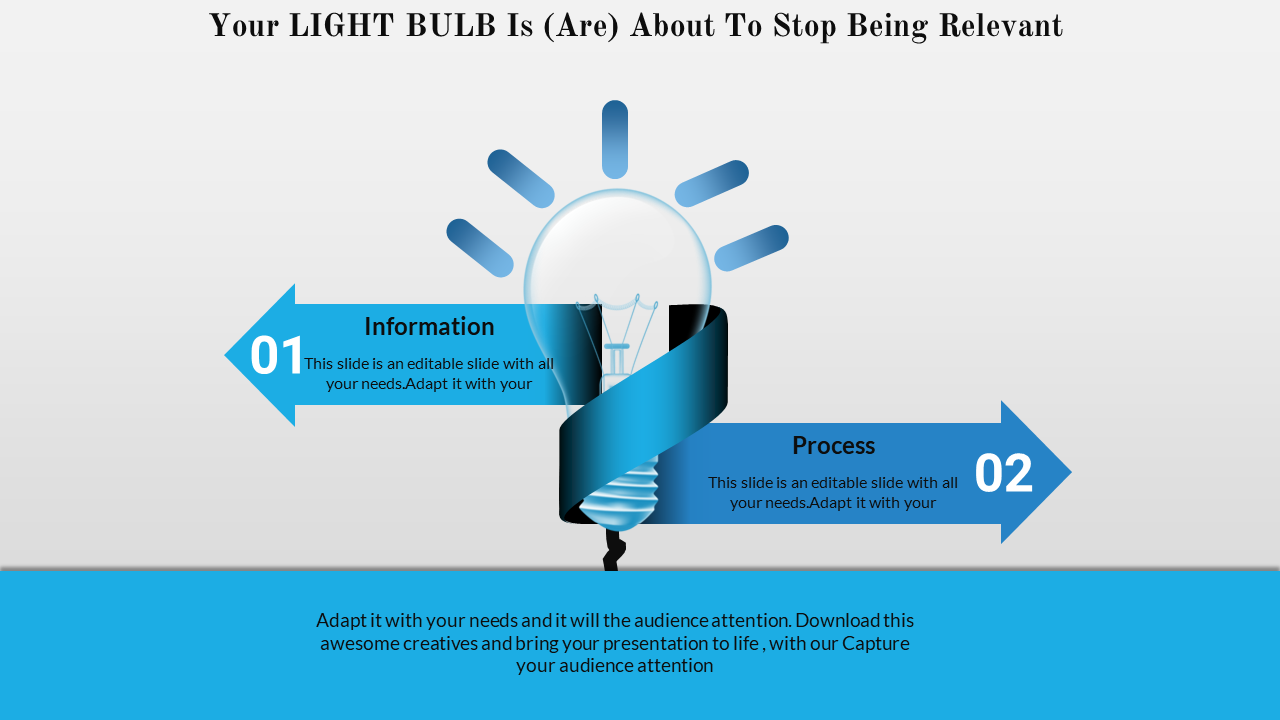 PowerPoint slide with a light bulb graphic and arrows pointing to Information and Process with placeholder text.