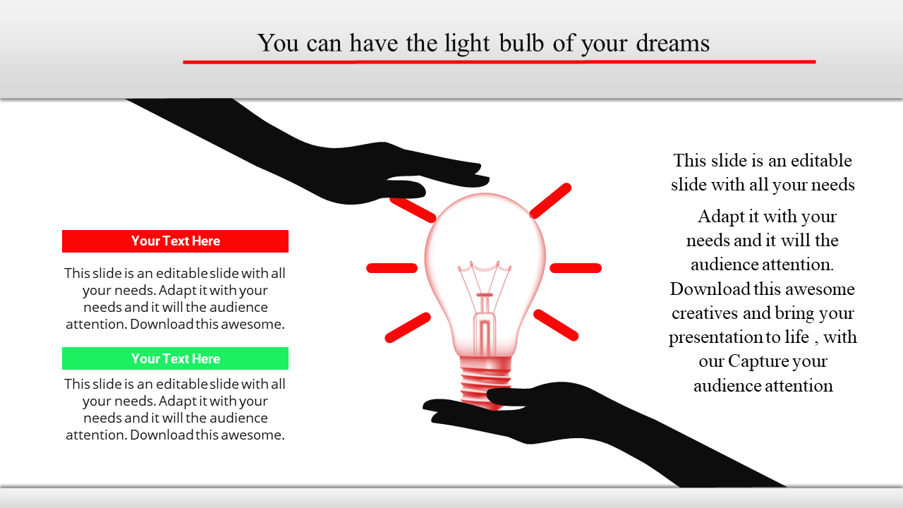 Slide with a glowing red light bulb centered between two black hands and text boxes, on a white background.