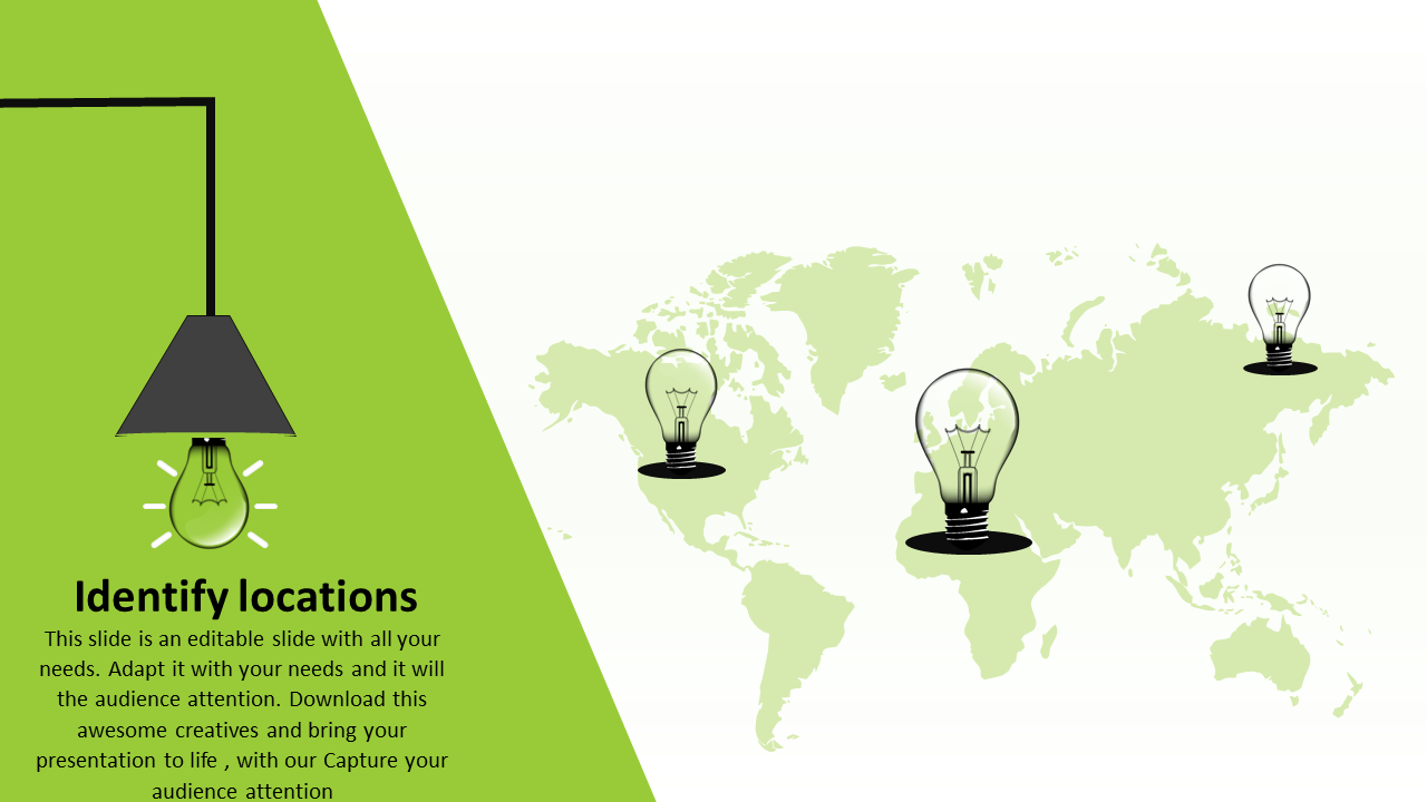 World map with three light bulbs marking locations and a large lamp illuminating one bulb on a green background.