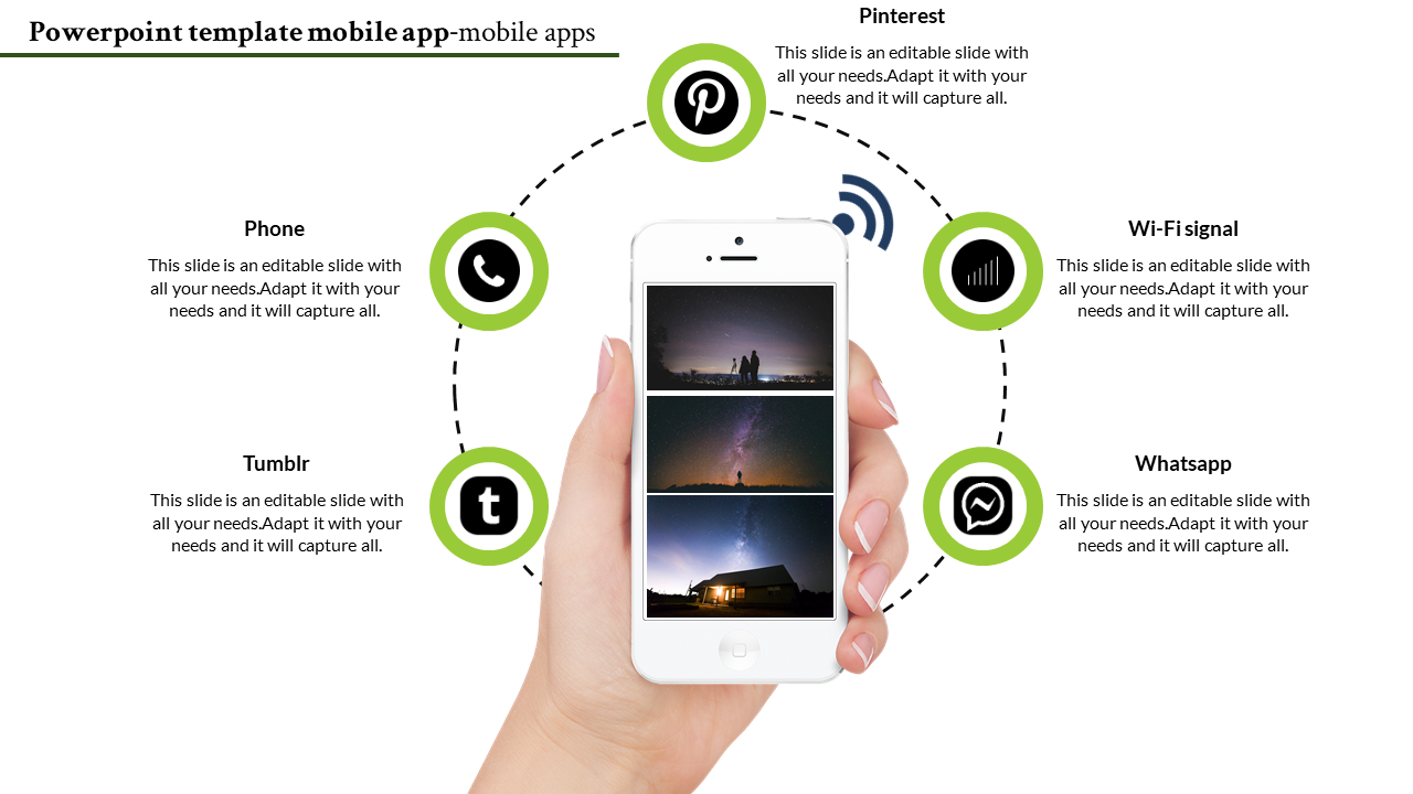 Mobile app PPT slide showcasing icons from phone to tumblr, with images displayed on a smartphone and placeholder text.