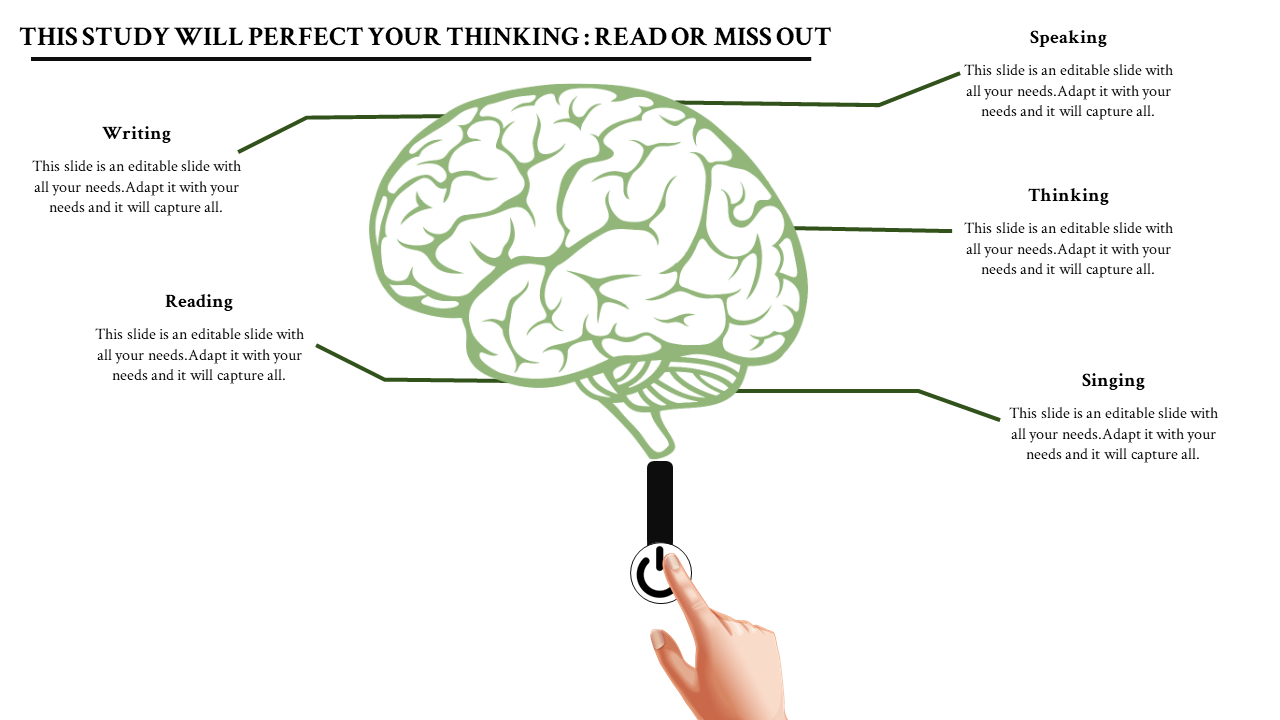 Slide featuring a green brain illustration with functional labels and a hand interacting with a power button beneath it.