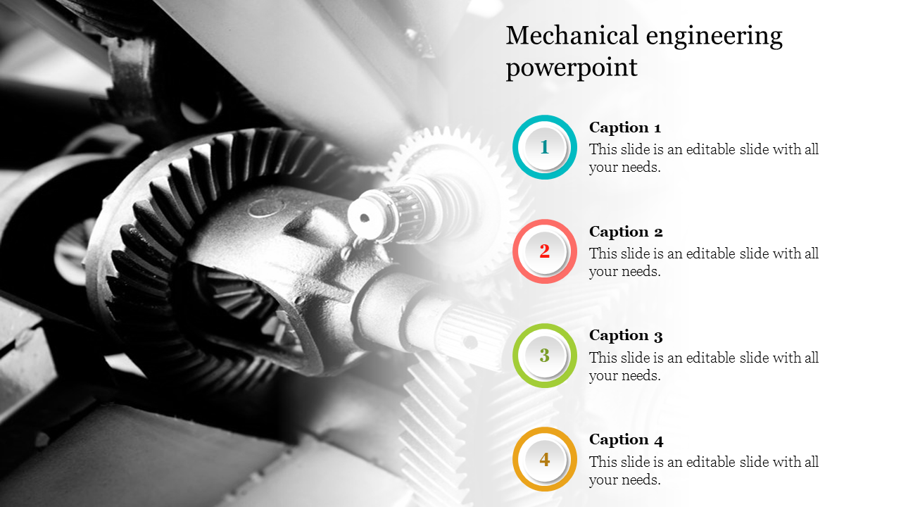 Mechanical engineering slide featuring a black and white image of gears and captions for four key points on the right.