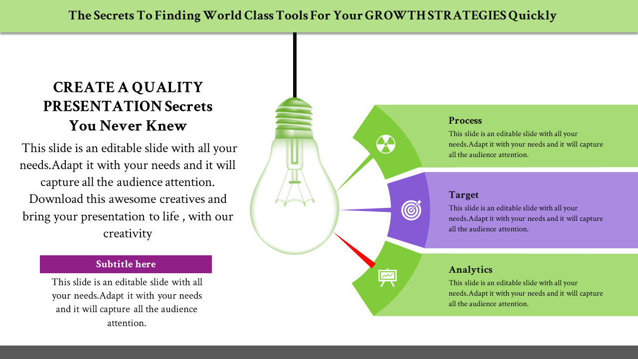 Creative slide with a central light bulb and three labeled segments in green and purple representing strategic elements.