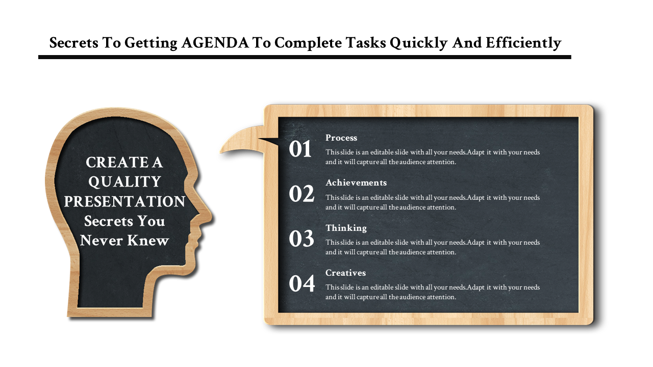 Creative agenda slide with a head outline and a wooden chalkboard listing process, achievements, thinking, and creatives.