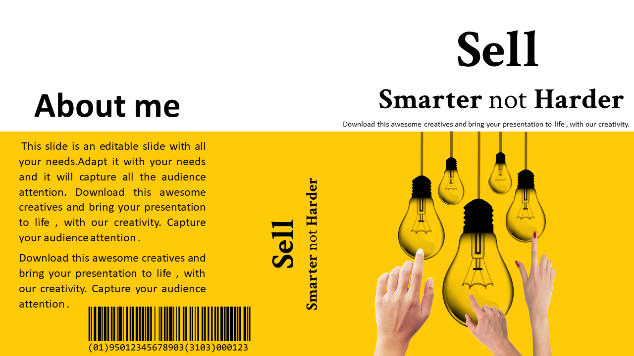 About Me PowerPoint template featuring a lightbulb and barcode design, with sections for personal information and creativity.