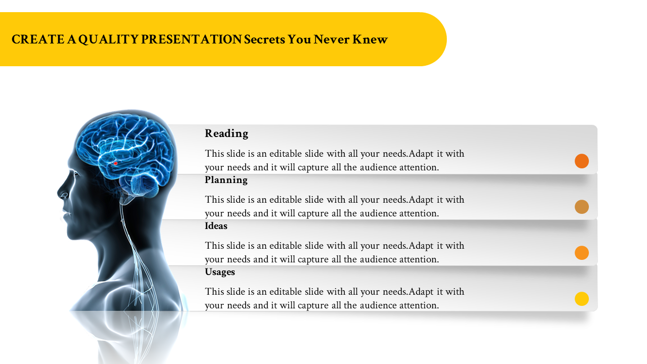 A slide with a brain image and four sections titled reading, planning, ideas, and usages, each with text and colorful icons.