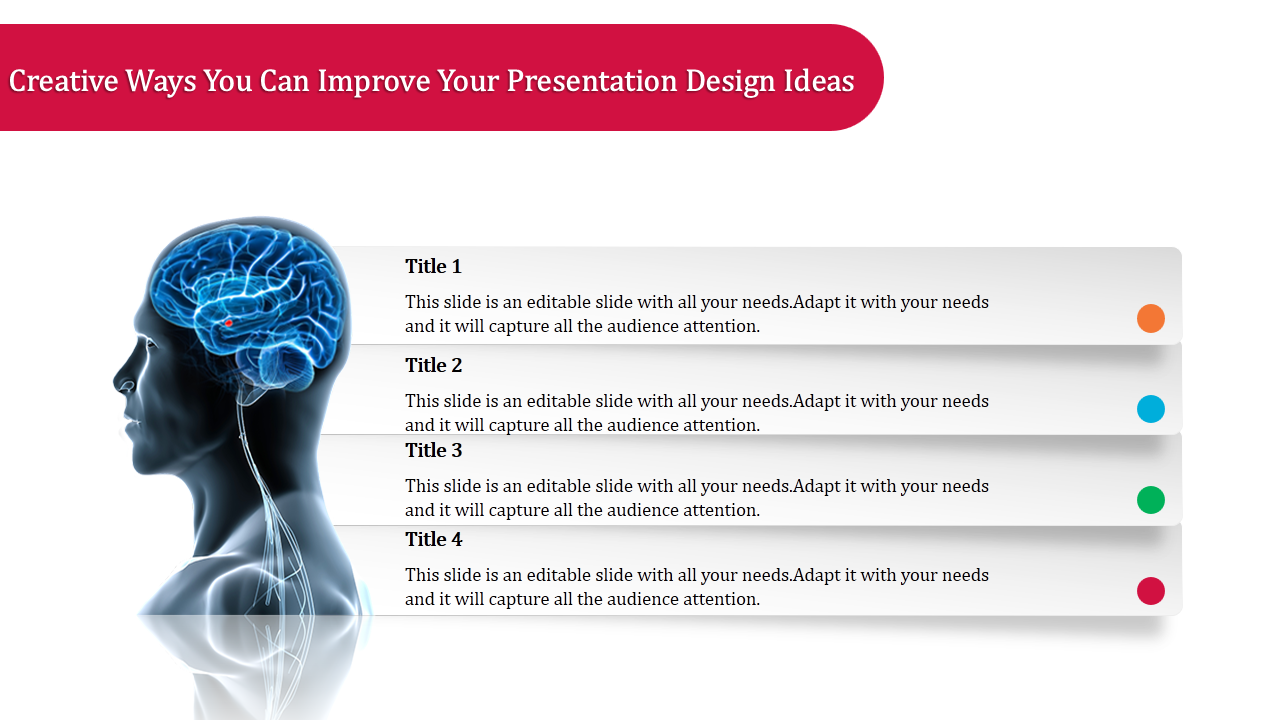 Creative ideas design showing a brain illustration in a human profile with four colorful captioned sections on the right.