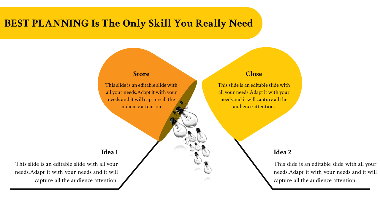 Business infographic featuring two orange and yellow funnels with light bulbs falling between them and caption areas.