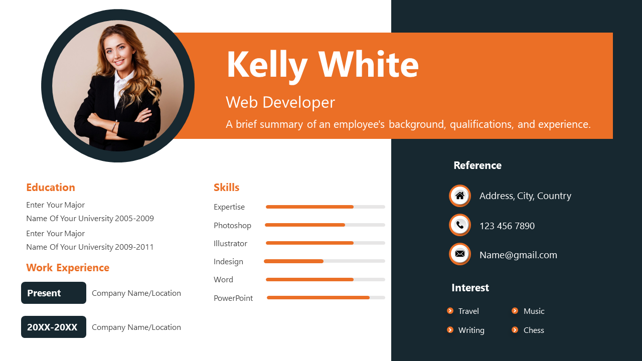 Professional resume slide featuring a profile picture, skills chart, and sections for portfolio.