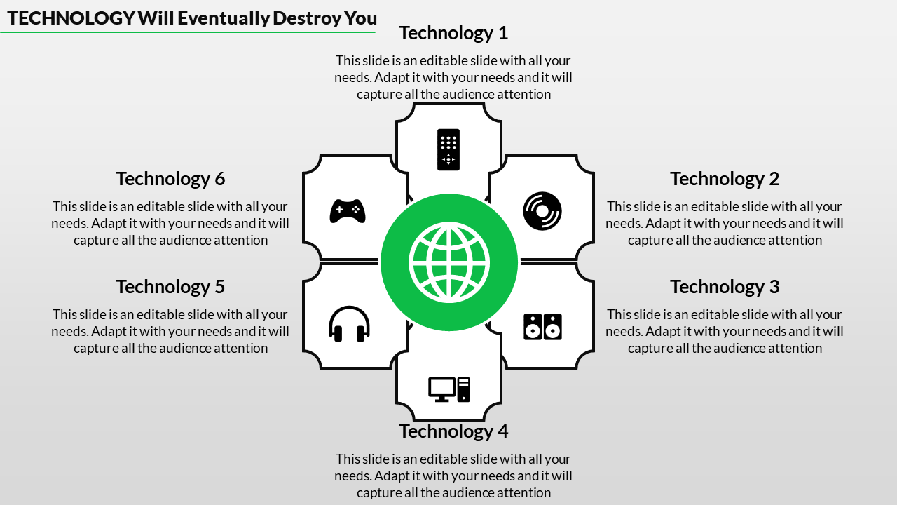 Technology slide with a central globe surrounded by six technology icons, each with placeholder text.