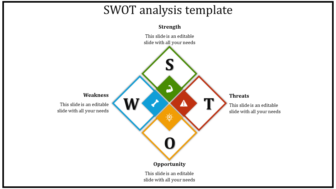 SWOT matrix template with bold letters S, W, O, T and corresponding icons inside a four-section diamond layout.