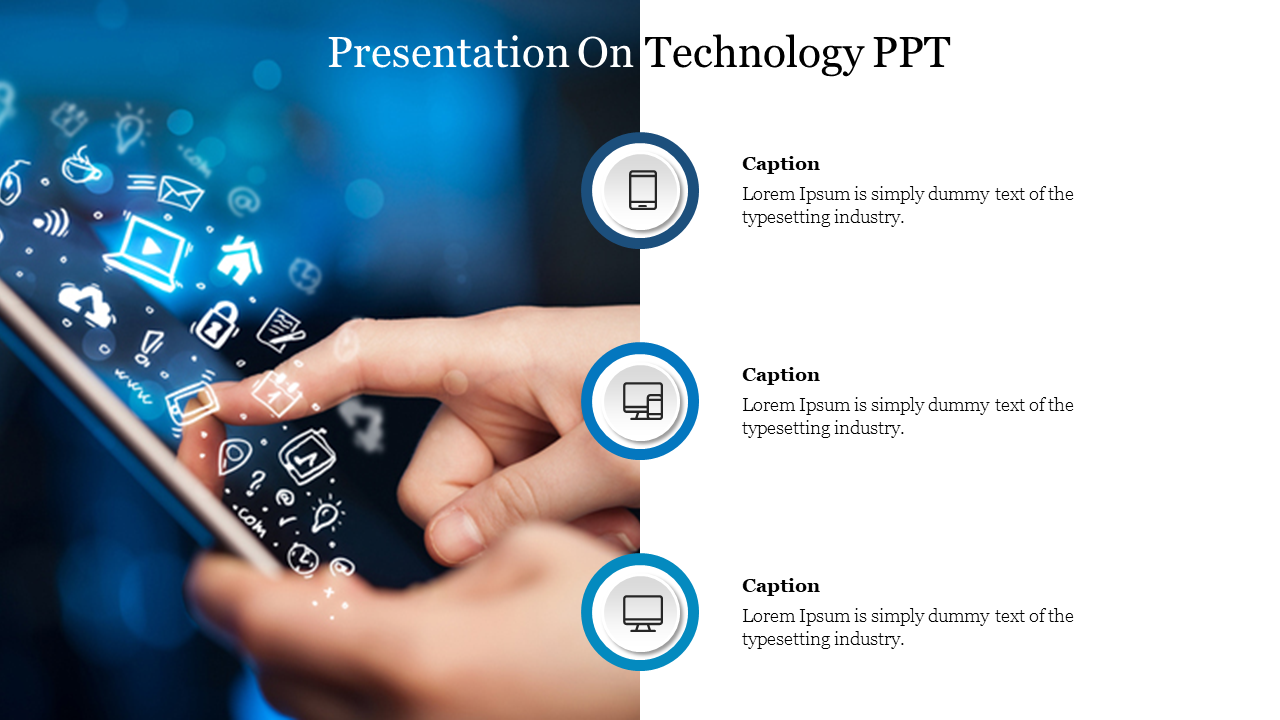 Technology slide with a hand holding a smartphone, showcasing various icons and captions.