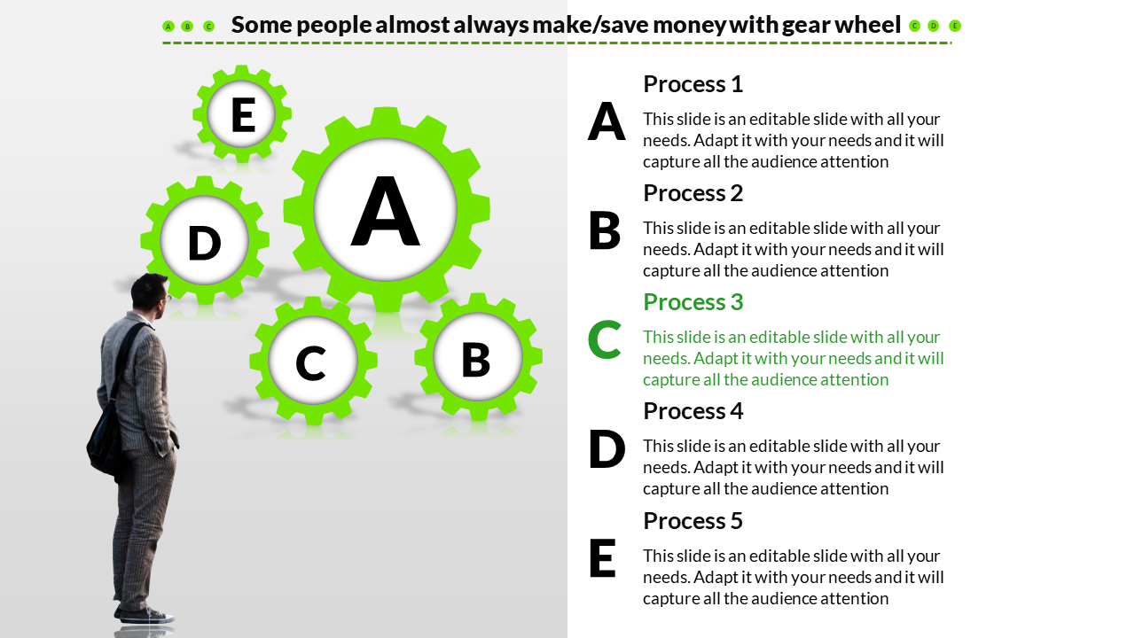 A PowerPoint process flow slide with five steps labeled Process 1 to 5, each connected by gears, with text for each step.