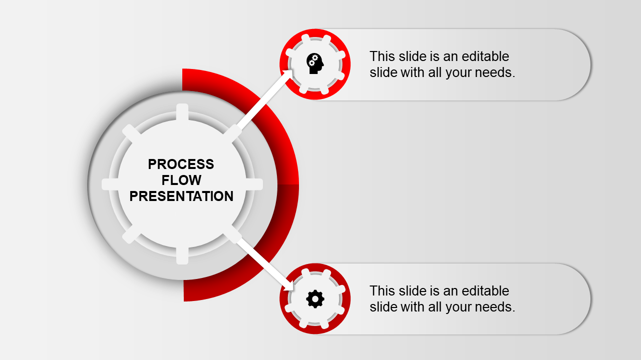 Circular process diagram with two connected red gear icons and placeholder captions on the right.