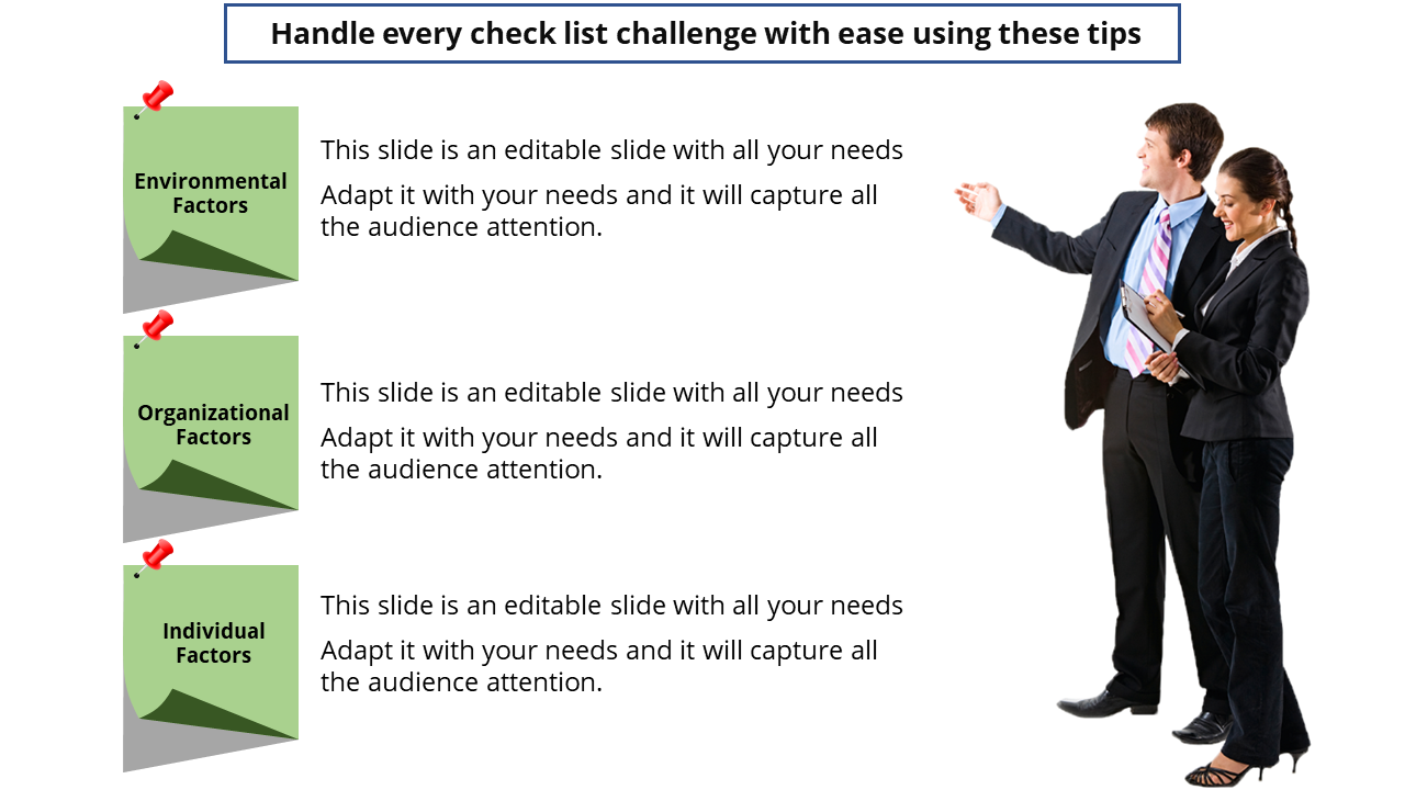 Checklist template featuring environmental, organizational, and individual factors with a professional presentation.