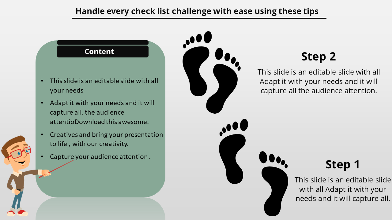 Illustration of a man pointing green checklist box with tips and black footprints leading to steps on a gradient background.